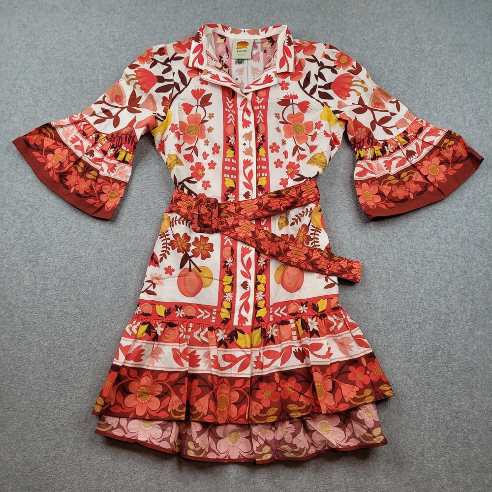 Farm Rio Mini Dress Womens XS Red Floral Belted‎ Bell Sleeve 317805 Cotton
